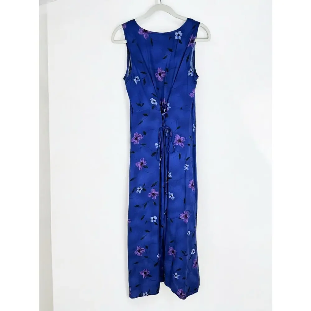 Vintage 90s Floral Corset Tie Back Long Maxi Dress Blue Purple Sleeveless 9/10